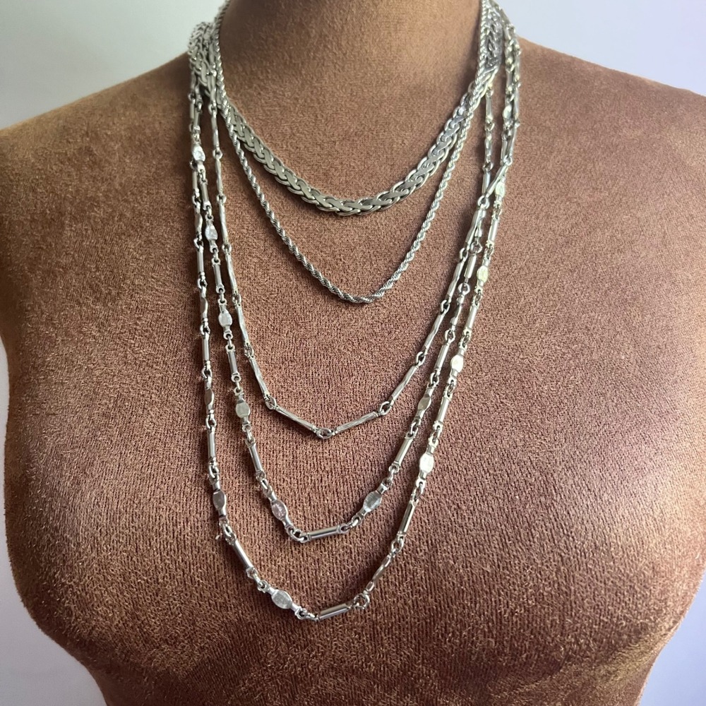 Vtg Silver Tone Layering Necklace Set 4 Pieces 18-52 Inch Mixed Chains Eclectic
